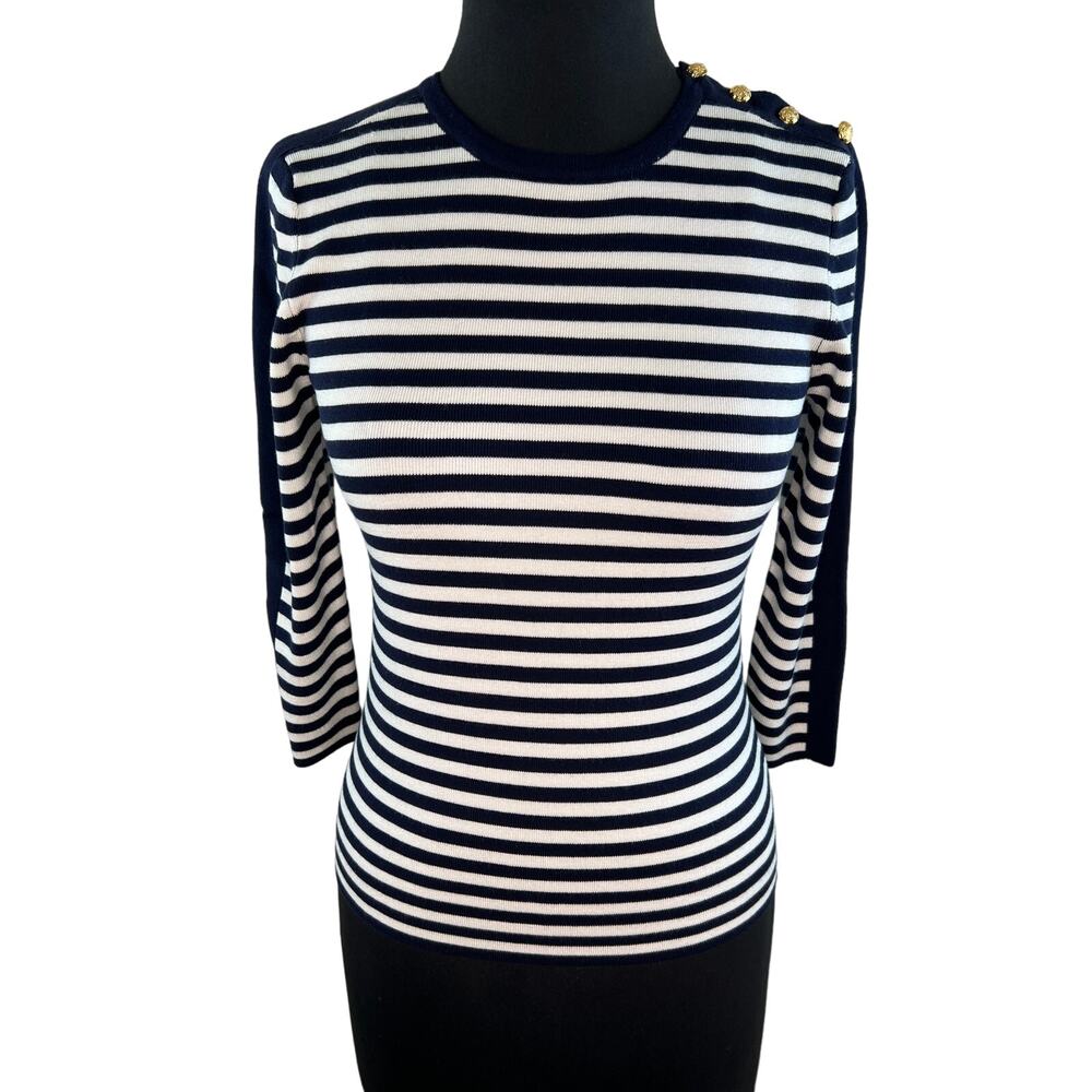 Lauren Ralph Lauren Nautical Silk Blue White Stripe Button 3/4 Sleeve Top Small